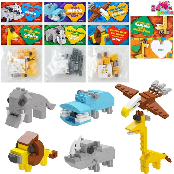 Joyfy 24 Packs Valentines Day Cards with Animal Building Blocks for Kids, Valentines Toys Gift Set for Boys Girls, Valentines School Class Exchange Card Gifts for Student
