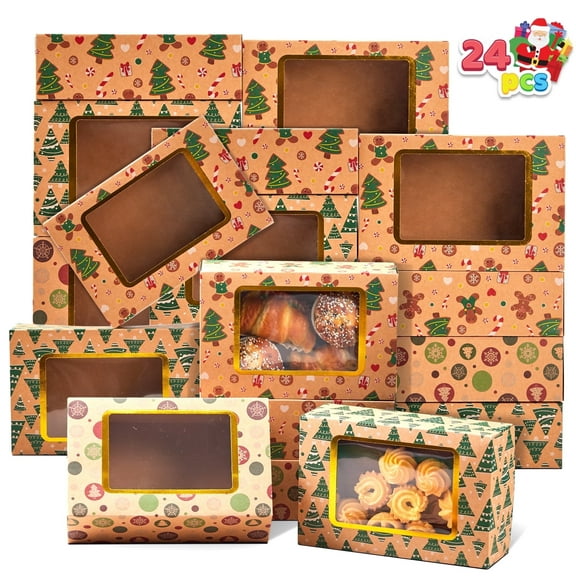 Joyfy 24 Pcs Christmas Foil Cookie Boxes with Window 8.75" x 5.75" x 2.75”Bakery Treat Gift Box for Pastries, Cupcakes, Cookies, Brownies, Donuts Gift Giving