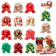 Joyfy 24 Pcs Christmas Pull Bows Present Wrap Ribbon(4.7" Wide), Easy and Fast Gift Wrapping Accessory for presents, Bows, Baskets, Wine Bottles Decoration, Gift Wrapping and Decoration Present