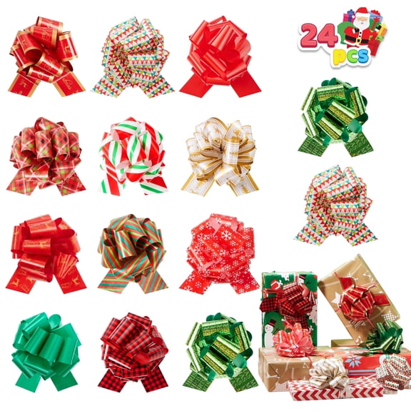 Joyfy 24 Pcs Christmas Pull Bows Present Wrap Ribbon(4.7" Wide), Easy and Fast Gift Wrapping Accessory for presents, Bows, Baskets, Wine Bottles Decoration, Gift Wrapping and Decoration Present