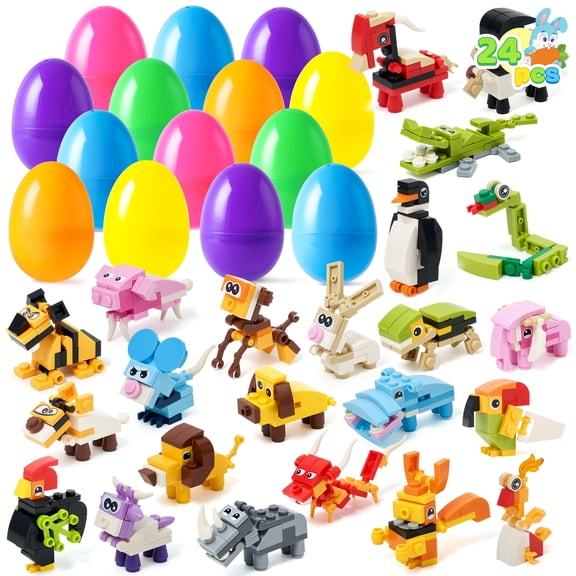 Joyfy 24 Pack Easter Eggs with Toys Inside,Easter Animal Building Blocks Toys Baskets for Kids,Prefilled Easter Eggs for Toddlers,Easter Hunt