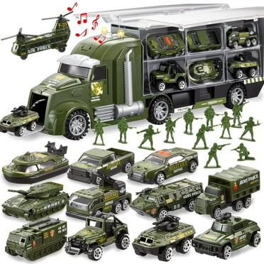 Joyfy 25 in 1 Die-cast Military Army Play Vehicle Set, Vehicles with Sounds and Lights in Carrier Truck, Push and Go Car Toy, Kids Birthday Gifts for 3 4 5 6 Years Old Boys