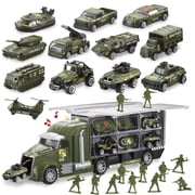 Joyfy 25 in 1 Die-cast Military Army Play Vehicle Set, Vehicles with Sounds and Lights in Carrier Truck, Push and Go Car Toy, Kids Christmas Birthday Gifts for 3 4 5 6 Years Old Boys