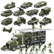 Joyfy 25 in 1 Die-cast Military Army Play Vehicle Set, Vehicles with Sounds and Lights in Carrier Truck, Push and Go Car Toy, Kids Christmas Birthday Gifts for 3 4 5 6 Years Old Boys