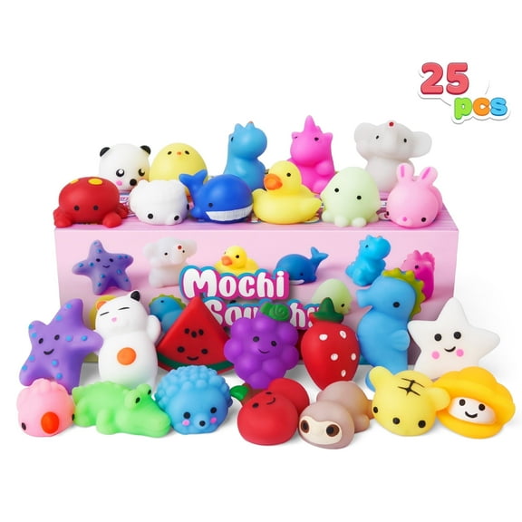 Joyfy 25 Pcs Mochi Squishy Toys for Kids Mini Kawaii Squishies Fidget Toys Animals & Fruit Stress Relief Toys for Party Favors, Classroom Prizes, Pinata Filler, Goodie Bags Stuffers