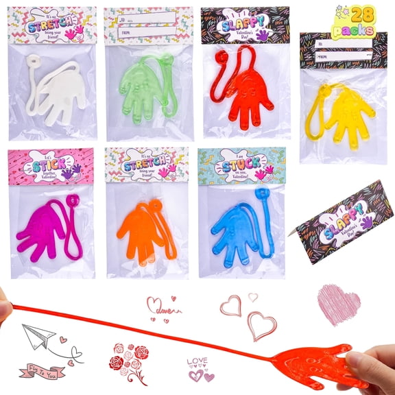 Joyfy 28 Packs Sticky Hands with Valentines Cards for Kids Party Favors,Sticky Toys Classroom Valentine Exchange Gifts