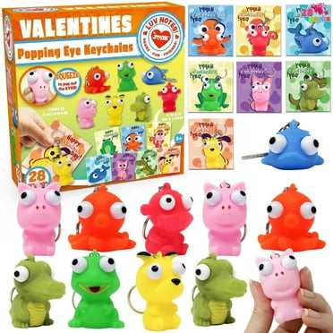Joyfy 28 Packs Valentines Cards with Popping Eyes Animal Keychain for Kids, Fidget Valentines Toys for Kids School Class Exchange Cards