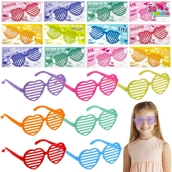 Joyfy 28 Packs Valentines Day Cards with Heart Shaped Glasses for Kids, Valentines School Classroom Exchange Cards Gifts, Valentines Party Favors