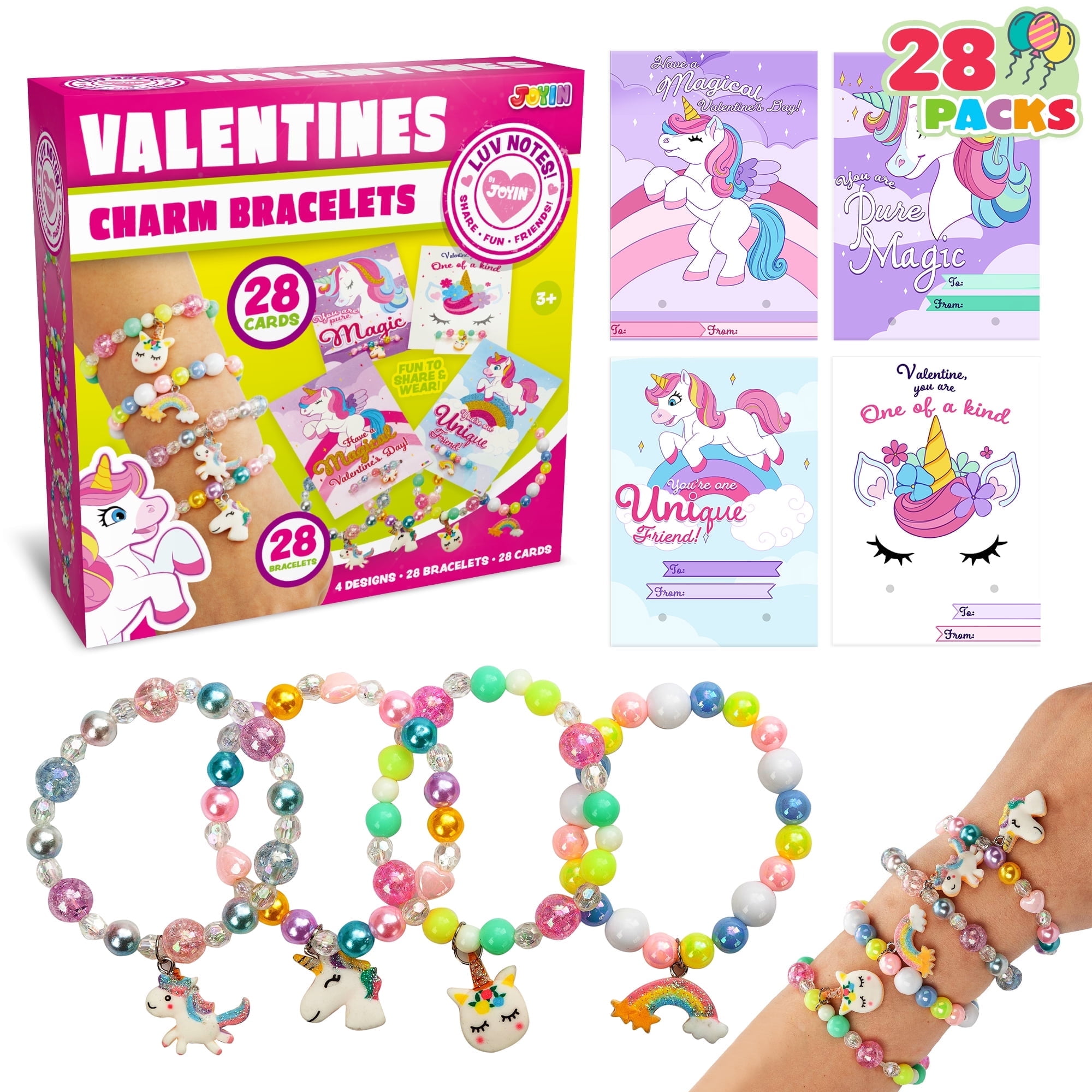 SYNCFUN 28 Packs Valentines Day Cards with Unicorn Bracelets for