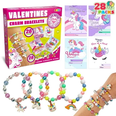 Joyfy 28 Packs Valentines Day Cards with Unicorn Bracelets for Kids, Valentines School Classroom Exchange Cards, Valentines Party Favors