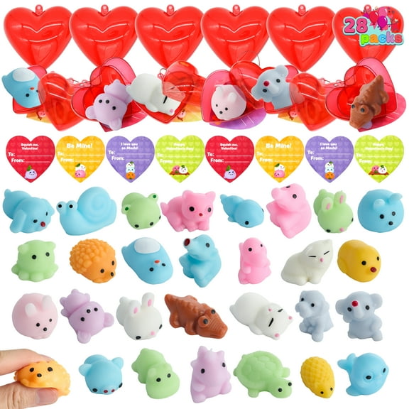 Joyfy 28 Packs Valentines Gifts for Kids, Valentine Kawaii Stress Relief Mochi Squishy Toys Filled Hearts for Kids Classroom Exchange Cards Gifts, Valentines Party Favors
