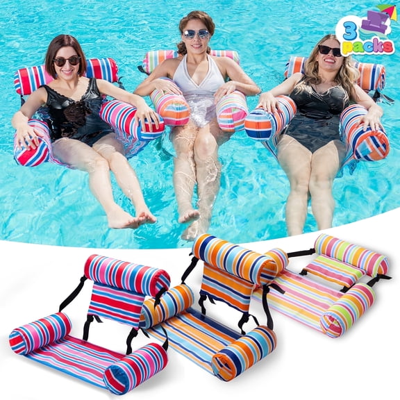 Joyfy 3 Packs Pool Lounge Chair for Adults, Striped Pool Float Hammock, Inflatable Swimming Pool Water Floating Chair for Outdoor, Beach, Pool, Lake