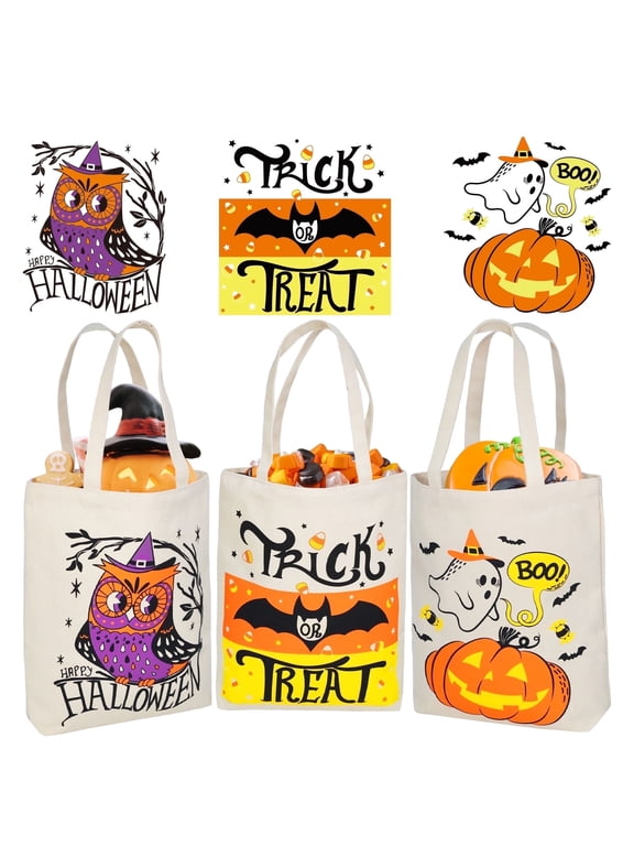 3 Pcs 13.75" Halloween Trick or Treat Bags with Handles, Reusable Canvas Gift Bag for Party Favor Supplies,Halloween Bags for Kids