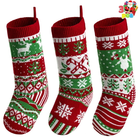 Joyfy 3 Pcs 18" Knit Christmas Stockings, Large Rustic Cable Knit Xmas Stocking in Red & Green for Family Holiday Season Decorations
