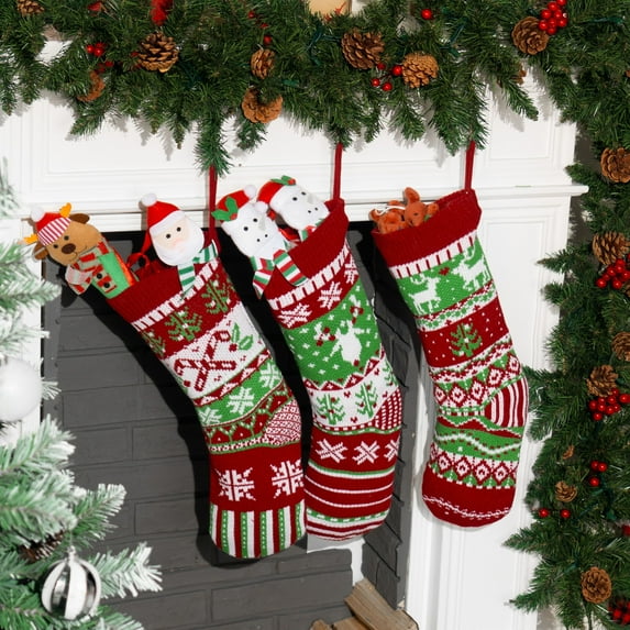 Joyfy 3 Pcs 18" Knit Christmas Stockings, Large Rustic Yarn Stockings for Christmas Family Holiday Fireplace Hanging Christmas Tree Decorations, with Snowflake Christmas Tree Candy Cane Character