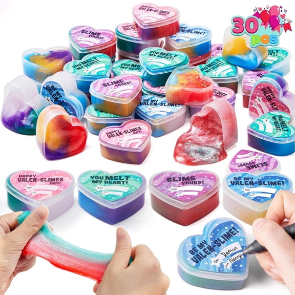 Joyfy 30 Packs Valentines Cards for Kids with Slime Hearts,Stress Relief Smile Squishy Toy Ball Fidget Toys for Valentine Kids School Class Exchange Party Favors