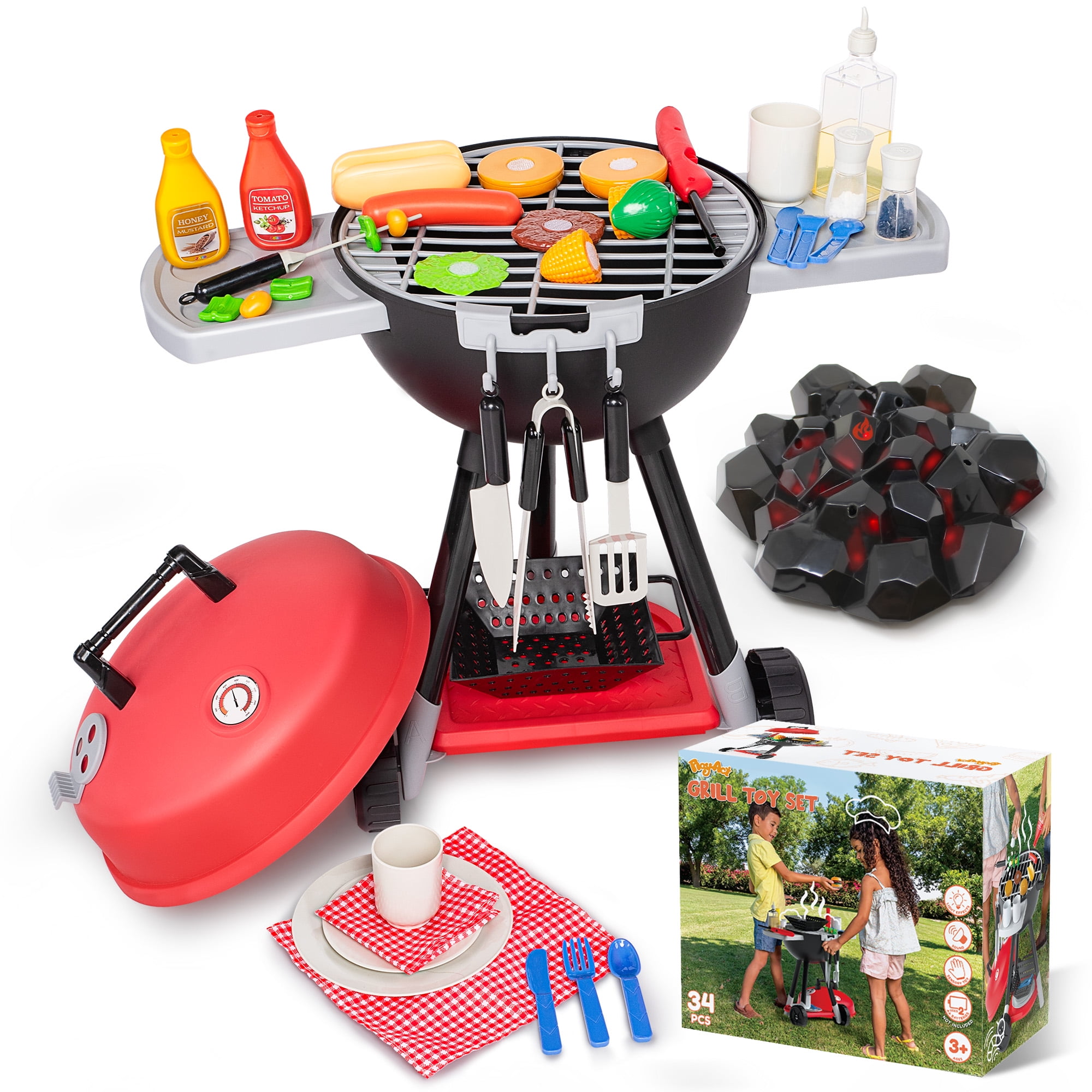 SYNCFUN 34 Pcs Kids Kitchen Playset, Toy BBQ Grill Set, Play Food Cooking Toy Set for Toddlers 1-3-5