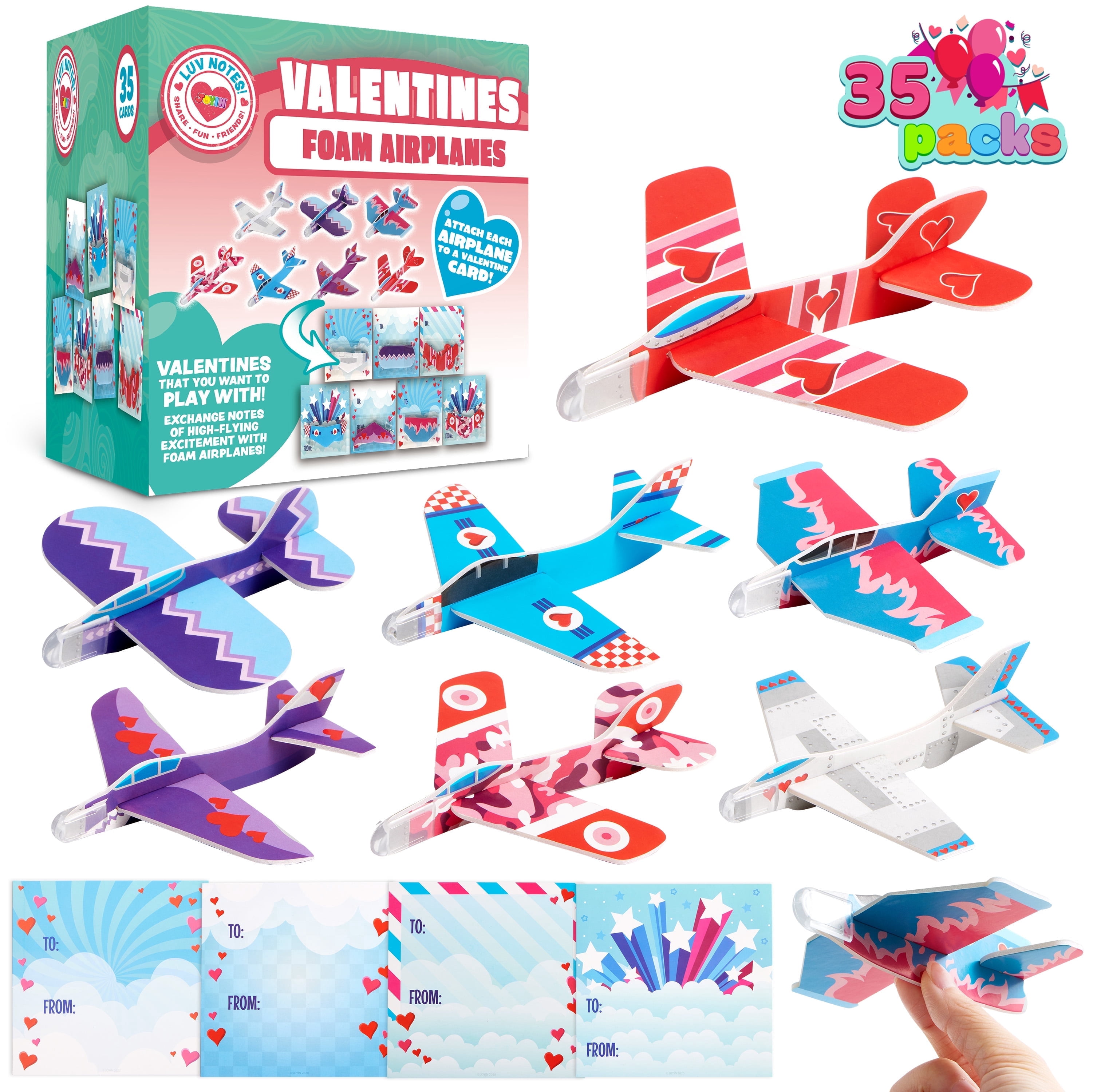 28 PCS Valentine's Day Cards With Foam Airplanes - Kids Classroom Exchange Party Favors & Gifts