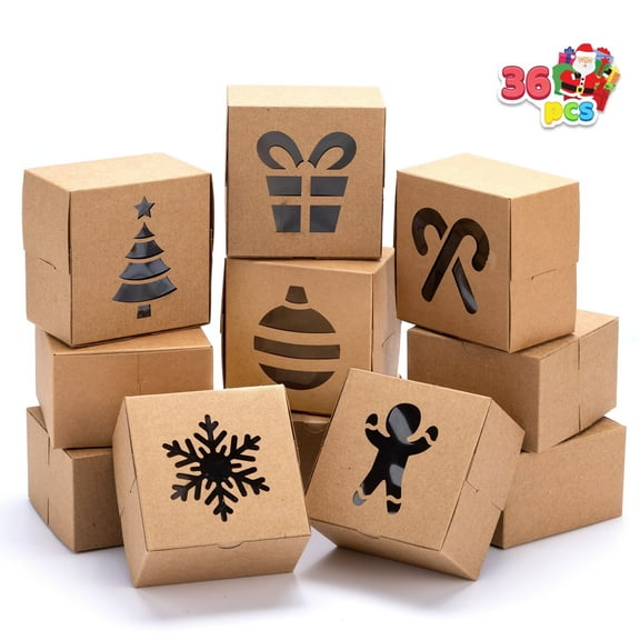 Joyfy 36 Pcs Christmas Cookie Boxes, Brown Kraft Treat Boxes with Window 4" x 4" x 2.5" Bakery Gift Warpping Box for Xmas Holiday Party Favor Pastries, Cupcakes, Cookies Donuts Gift-Giving