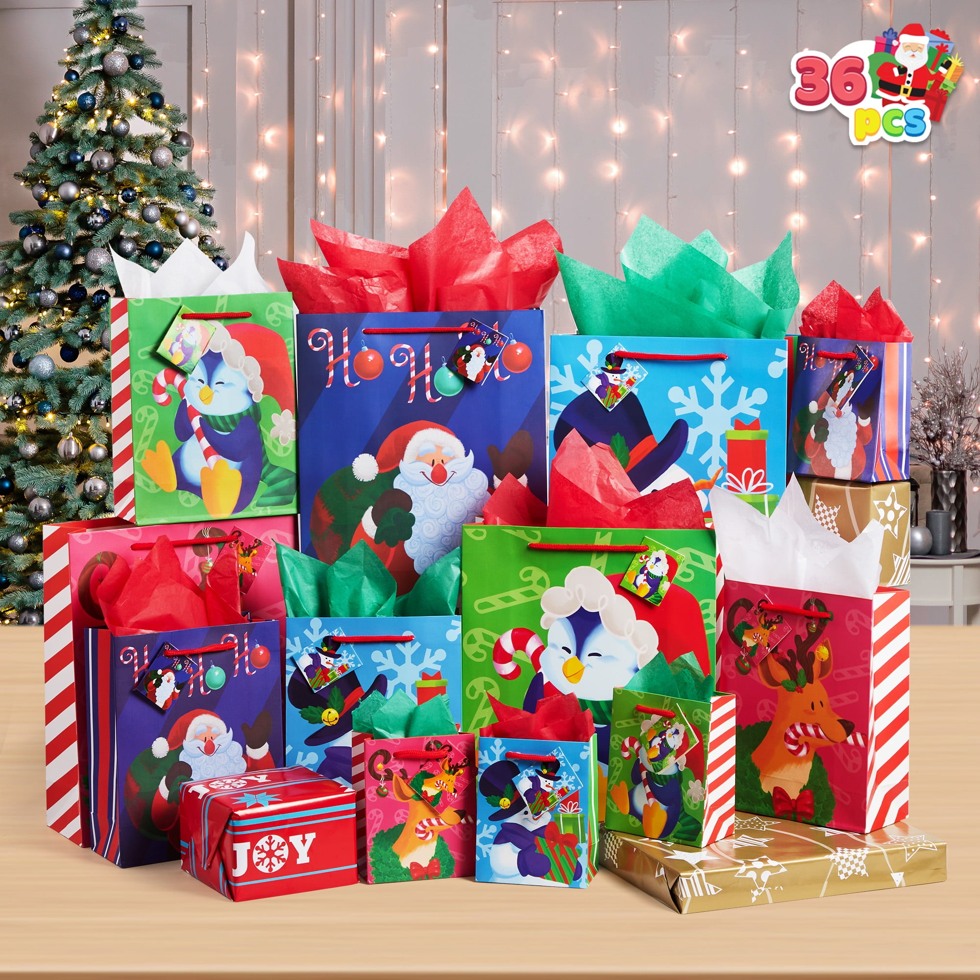 SYNCFUN 36 Pcs Christmas Gift Bag with Tissue Papers and Tag, Assorted  Sizes Bag Set for Wrapping Xmas Holiday Presents, Goodie Bags Decoration,  