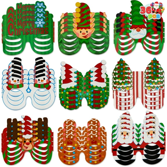 Joyfy 36 Pcs Christmas Paper Glasses Frame Christmas Party Glasses, Costume Eyeglasses Assorted Designs for Adults and Children Party Favors Photo Props(One Size Fits All)