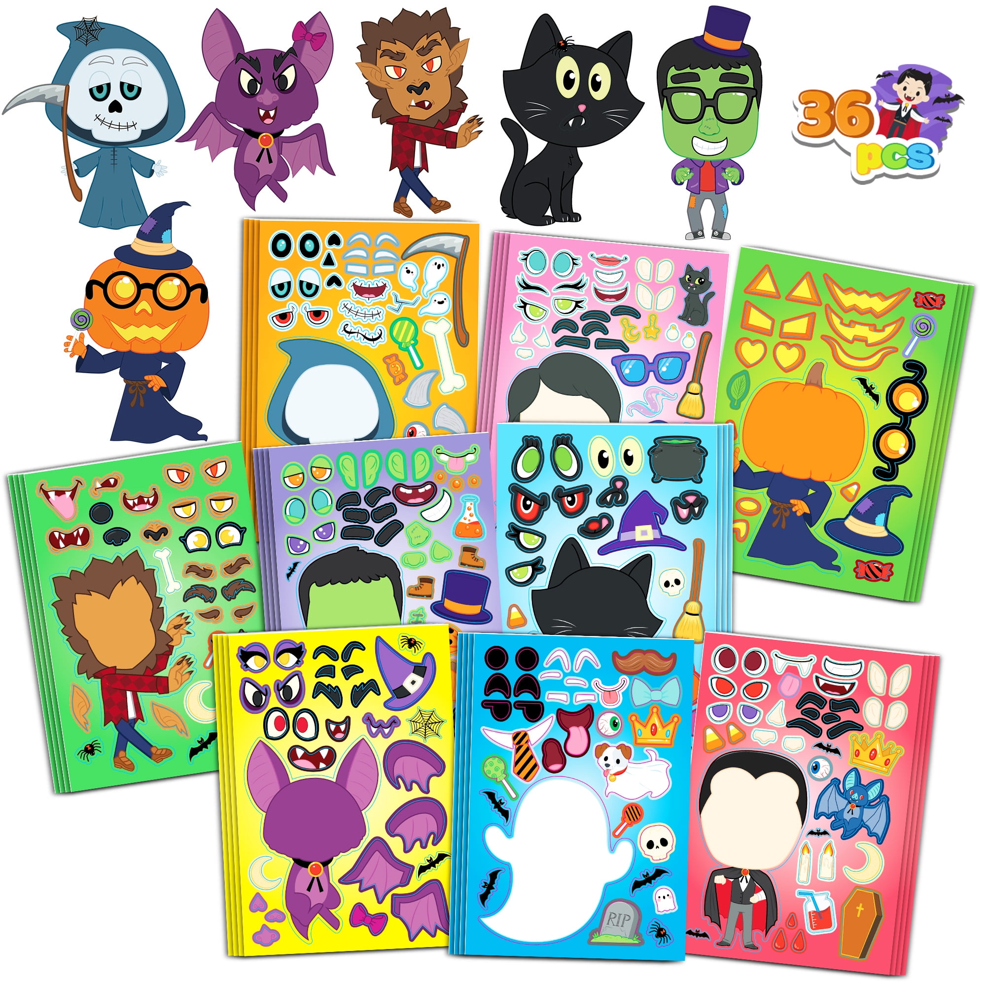 SYNCFUN 36 Pcs Halloween Stickers Make a Face Halloween Characters Stickers for Kids,Witch Vampire Self Adhesive DIY Decorations Stickers Fall Stickers Party Favors for Kids,Halloween Craft