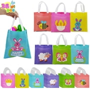 Joyfy 36 pcs Easter Bags, Non Woven Reusable Easter Tote Bags Bulk with Handles, 8.7 inches 6 Designs Gift Bags for Kids Egg Hunt Game, Party Treat, Party Favors