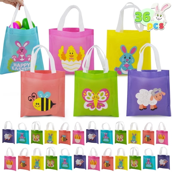 Joyfy 36 pcs Easter Bags, Non Woven Reusable Easter Tote Bags Bulk with Handles, 8.7 inches 6 Designs Gift Bags for Kids Egg Hunt Game, Party Treat, Party Favors