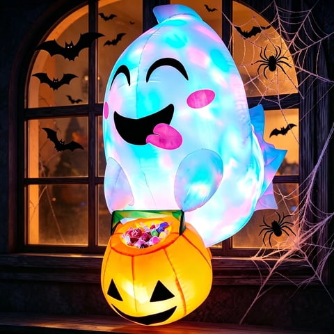 Joyfy 4.5 FT Halloween Inflatable Outdoor Cute Flying Ghost with Pumpkin Candy Basket Broke Out from Window with Built-in LED Blow Up Inflatable for Window Decoration Yard