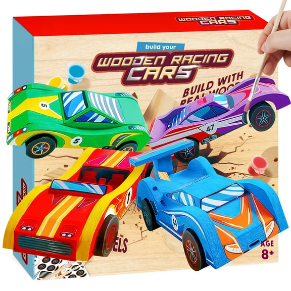Joyfy 4 Piece Wooden Race Car Building & Painting Art Kit for Kids, Christmas Birthday Gift for Boys Ages 6+