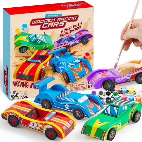 Joyfy 4 Piece Wooden Race Car Building & Painting Art Kit for Kids, Christmas Birthday Gift for Boys Ages 6+