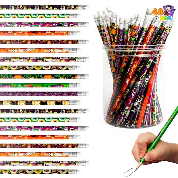 SYNCFUN 48 Pcs Halloween Pencils Bulk with Eraser for Kids,Colorful Pencils Stationery Pencil Set,Halloween Favors Prizes for Kids,Halloween Bulk Toys