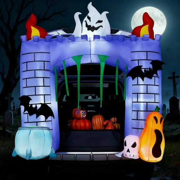 Joyfy 6 FT Halloween Inflatable Haunted Castle Decoration,Trunk or Treat Car Decorations Kit Ghost and Pumpkin with Built-in LED Light for Halloween Party Indoor,Outdoor,Yard,Garden Decor