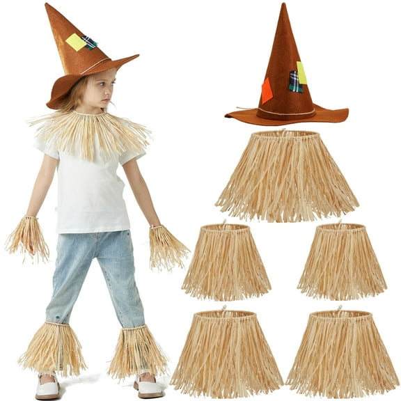 Joyfy 6 Pcs Halloween Scarecrow Costume Set,Scarecrow Costume Accessories Decoration with Scarecrow Hat and Scarecrow Skirt Raffia Neck Foot Hand Straws for Party Accessory Halloween Decoration