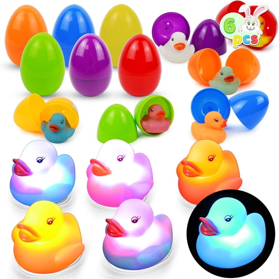 Joyfy 6 Pcs Toddler Pre-filled Easter Eggs with Light up Rubber Ducks Bath Toys for Toddler Kids,Easter Basket Stuffers Toys