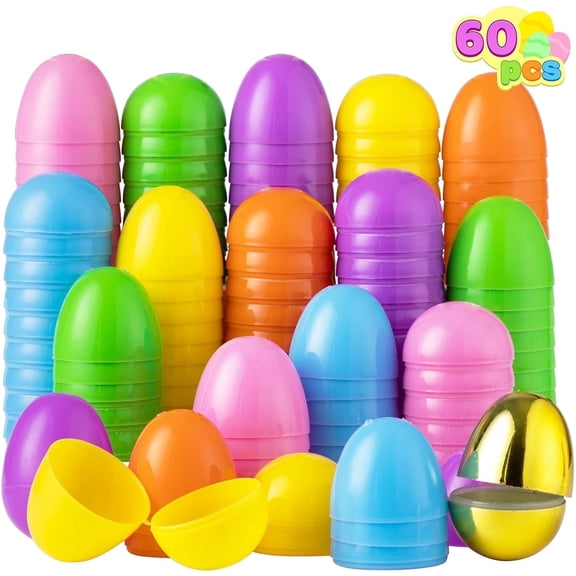 Joyfy 60 Pcs 2.3'' Plastic Easter Eggs with Gold Egg for Easter Hunt, Basket Stuffers Fillers, Classroom Prizes, Filling Treats and Party Favor, Easter Decoration