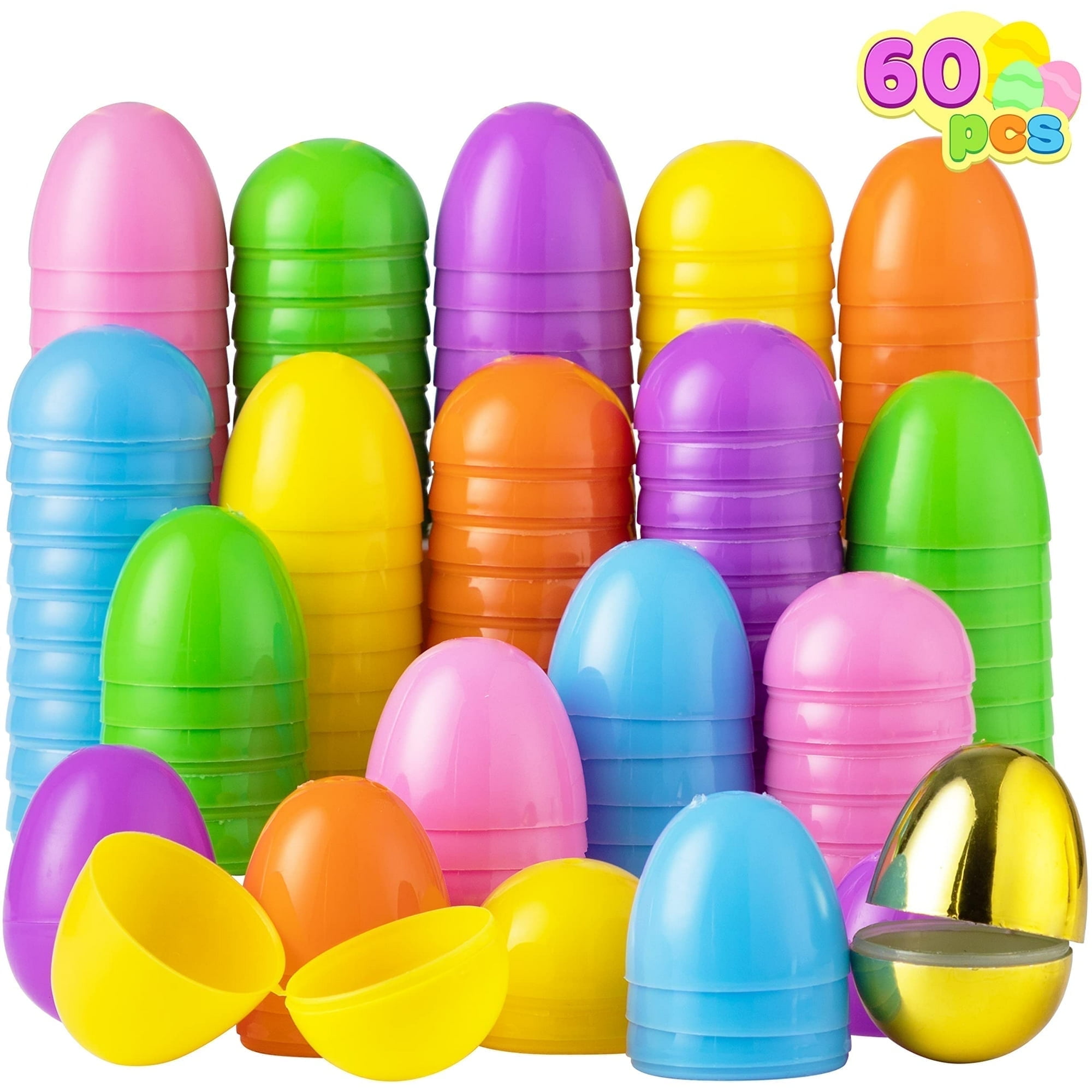 Joyfy 60 PCS 2.3'' Plastic Easter Eggs with Gold Egg for Easter Hunt, Basket Stuffers Fillers, Classroom Prizes, Filling Treats and Party Favor, Easter Decoration