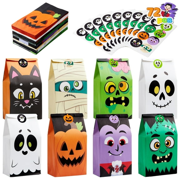 Joyfy 72 Packs Halloween Treat Bags with Sticker, Trick or Treat Bags Goodie Bags for Kids, 6 Designs Party Supplies Classroom Exchange Gifts