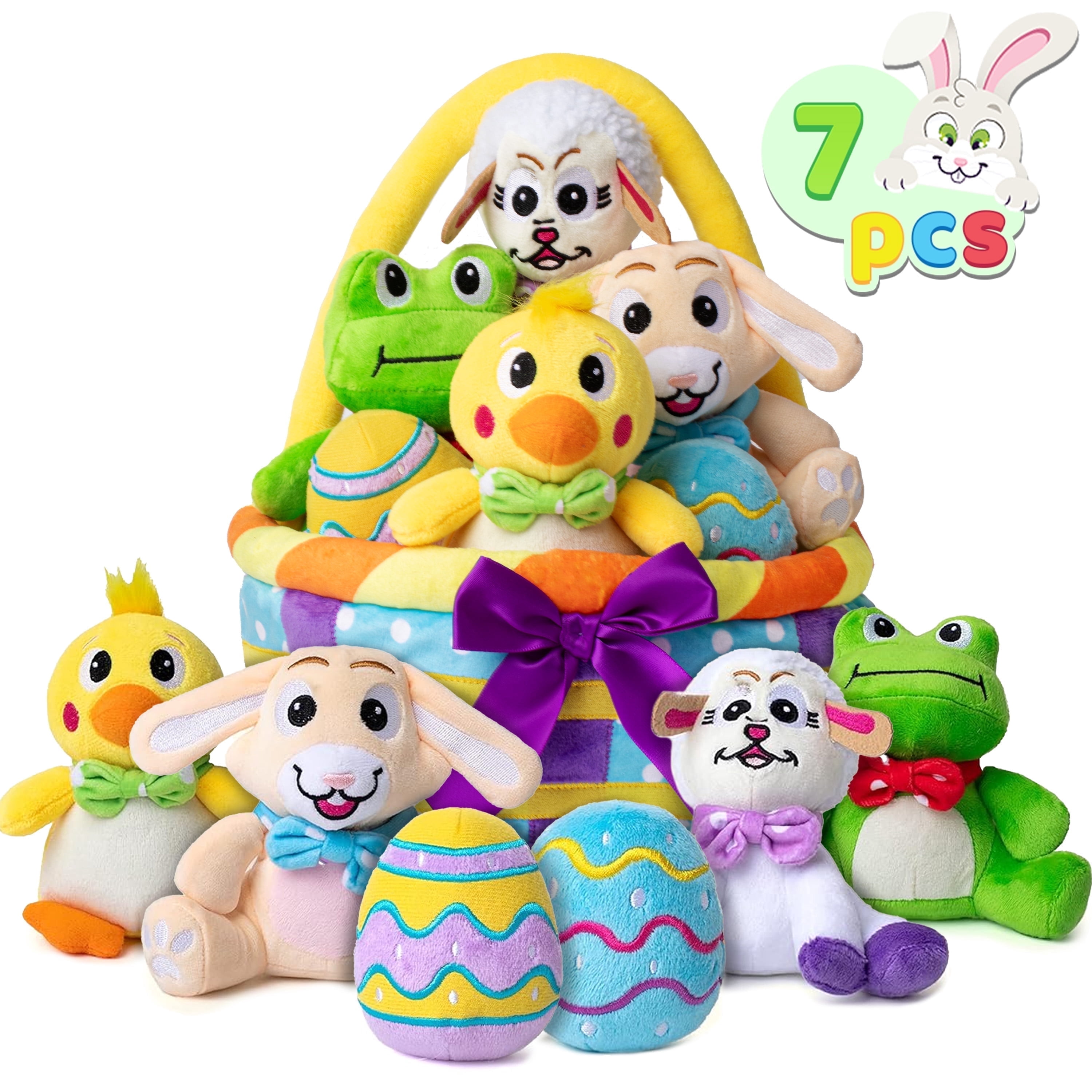 Joyfy 7Pcs Easter Basket for Kids,Basket Stuffers Fillers,Easter Basket Stuffed Animal Plush Playset,Easter Toys for Easter Party Favor Supplies,Easter Eggs Hunt