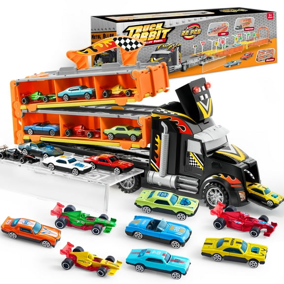 Joyfy Semi Carrier Truck with Lights & Sounds for Kids, 12 Die-Cast Metal Toy Play Vehicle with 60" Extra Long Race Track, Great Christmas  Birthday Gift for Boy 2 3 4 5 6 7