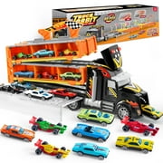 Joyfy 60" Extra Long Race Track Semi Carrier Truck for Kids, 29-in-1 12 Die-Cast Metal Car Toy Play Vehicle with Lights & Sounds, Great Christmas Birthday Gift for Boy 2+