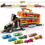 SYNCFUN Carrier Truck with Lights & Sounds, 12 Die-Cast Metal Toy Play Vehicle with 5-FT Ejection Race Track, Metal Racing Cars for 3 4 5 6 7 8 Years Old Kids Boys Gift