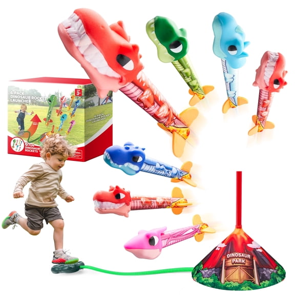 SYNCFUN Dinosaur Toy Rocket Launcher for Kids, 6Pcs Dinosaur Foam Rockets, Outdoor Toys for Boys 3 4 5 6 7 8 Years Old