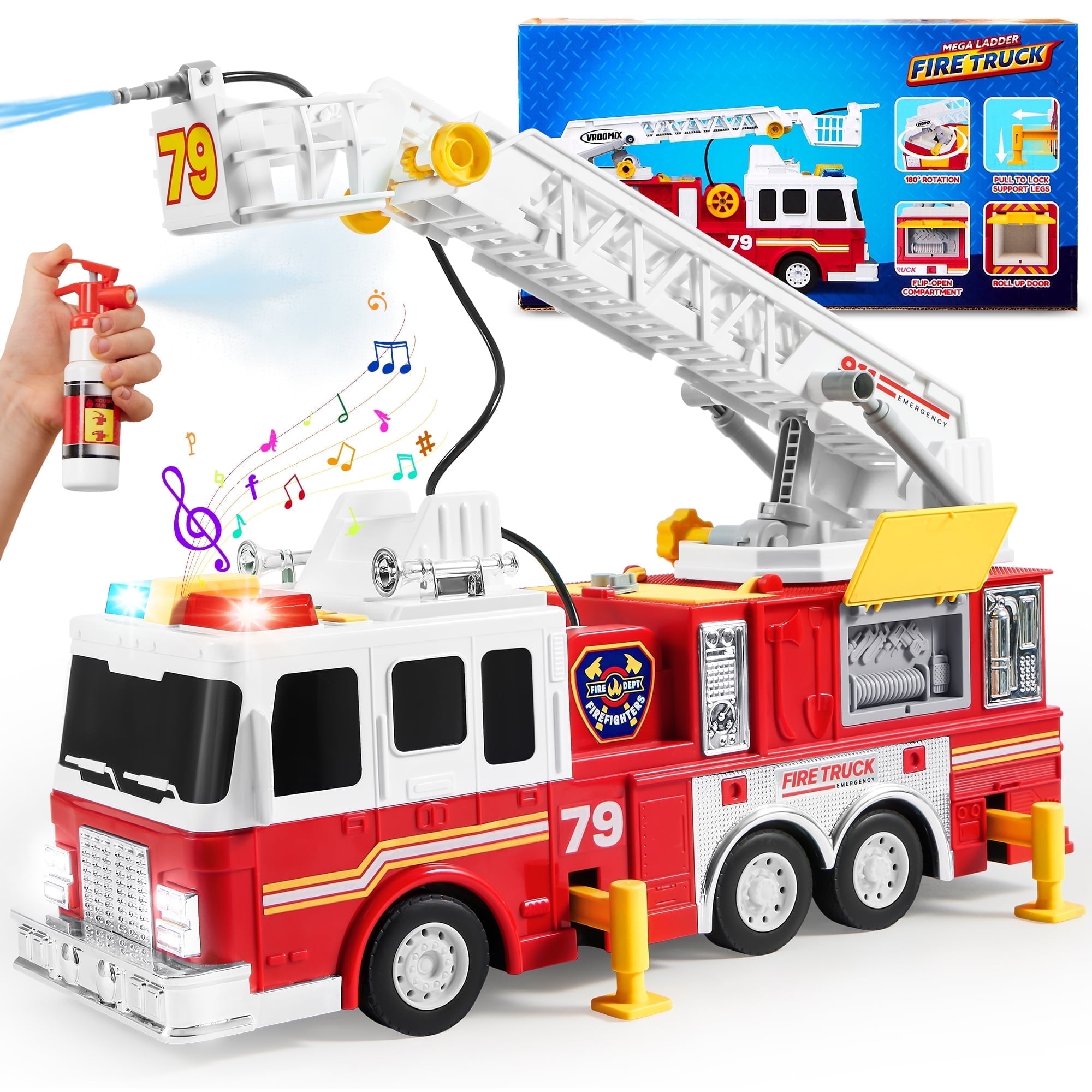 Joyfy Extra Large Fire Truck Toy for Kids, with 33-inch Extending Ladder Light & Sound/ Extendable Aerial Ladder/ Working Water Pump, Great Christmas Birthday Gift for Boy 3 4 5 6 7
