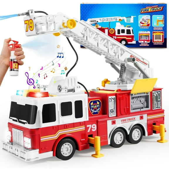 Joyfy Extra Large Fire Truck Toy for Kids, with 33-inch Extending Ladder Light & Sound/ Extendable Aerial Ladder/ Working Water Pump, Great Christmas Birthday Gift for Boy 3 4 5 6 7