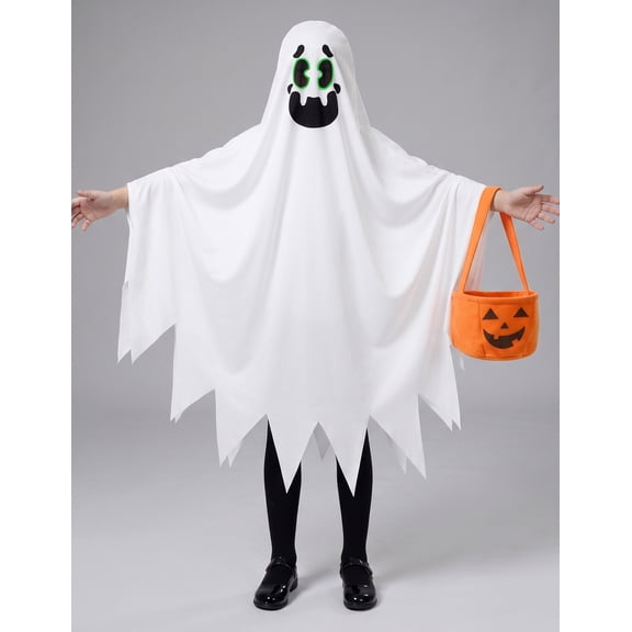Joyfy Ghost Costumes for Kids, Scary Halloween Costume for Boys, Smile Ghost Costume with Pumpkin Basket for Toddler Halloween Spooky Trick-or-Treating Role Playing Cosplay 3-7 Years
