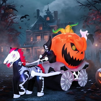 Joyfy 8ft Long Halloween Inflatables Pumpkin Carriage Outdoor Decorations,Spooky Grim Reaper Carriage Built-in LEDs,Blow Up Halloween Decoration for Yard
