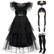 Joyfy Halloween Costume Set for Girls, Dark Vintage Prom Dress for Kids, Black Gothic Dress Costume for Halloween Cosplay Parties 5-12 Years