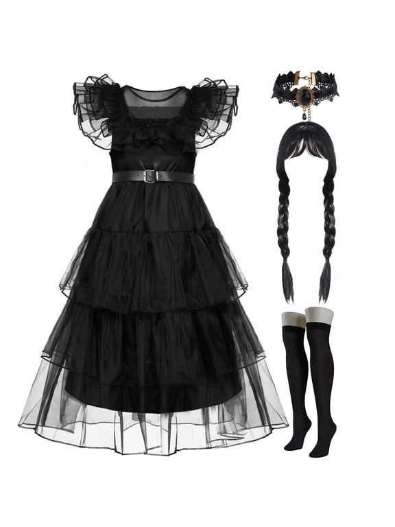Halloween Costume Set for Girls, Dark Vintage Prom Dress for Kids, Black Gothic Dress Costume for Halloween Cosplay Parties 5-12 Years