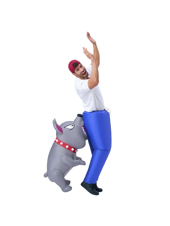 Adults Halloween Inflatable Costumes, Bitten by a Dog Blow Up Costume with Blue Pants and Gray Biting Dog for Halloween Themed Cosplay Party